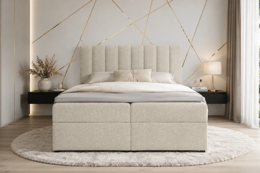 Modernes Boxspringbett in Beige mit hohem Kopfteil in stilvollem Schlafzimmer.