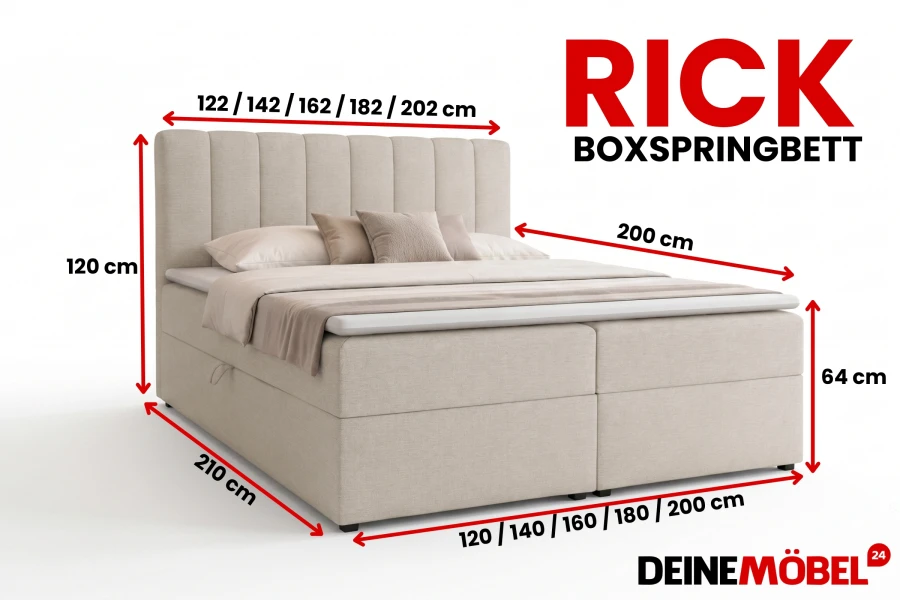 Maße für Boxspringbett Rick: Übersicht der verfügbaren Größen und Abmessungen.
