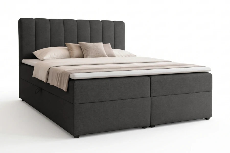 Dunkelgraues Boxspringbett aus hochwertigem Webstoff mit gepolstertem Kopfteil auf weißem Hintergrund.