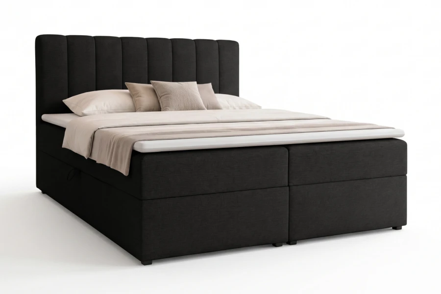 Elegantes Boxspringbett in Schwarz mit vertikal gestepptem Kopfteil.