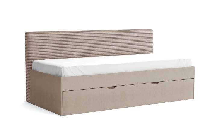 Beiges Polsterbett mit geschlossenem Auszug und Cord-Kopfteil.