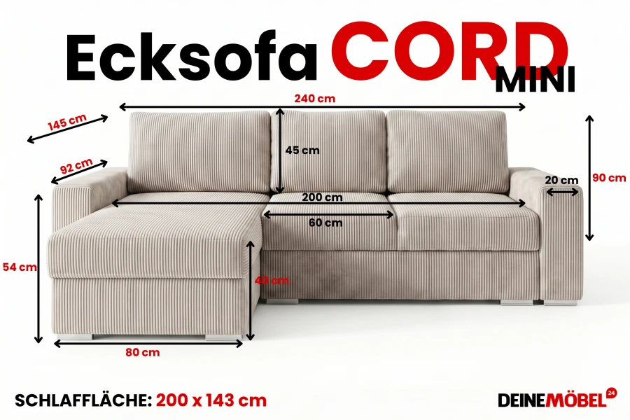 Maße des Ecksofas Cord Mini in Beige mit einer Schlaffläche von 200x143 cm.