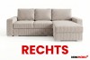 Beiges Ecksofa aus Cord mit Ottomane rechts, Ansicht von vorne, Möbeldesign.
