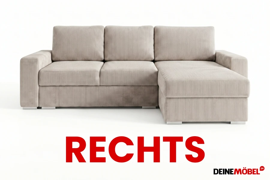 Beiges Ecksofa aus Cord mit Ottomane rechts, Ansicht von vorne, Möbeldesign.