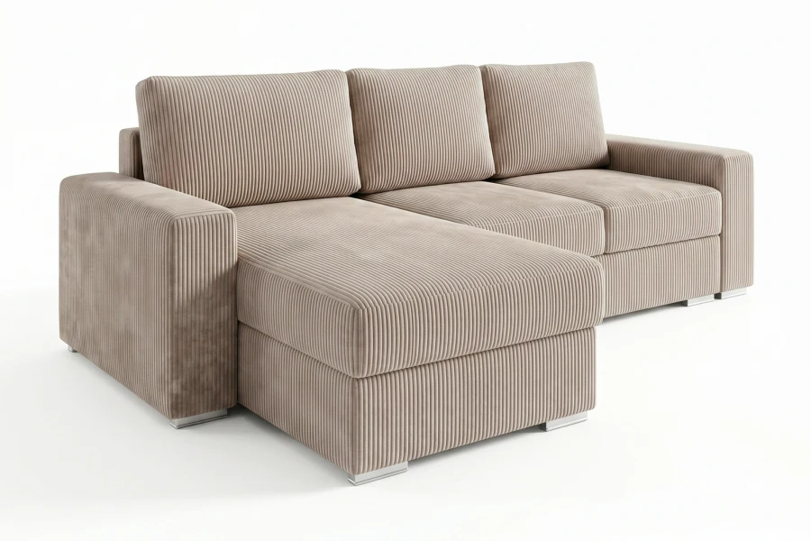 Ecksofa mit beigem Cordbezug, Ottomane links, schräg von vorne fotografiert.
