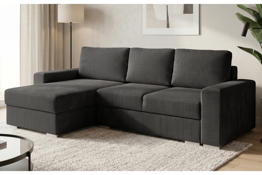 Modernes Ecksofa in Anthrazit mit Cord-Bezug POSO 34 im Wohnzimmer, Ottomane links.