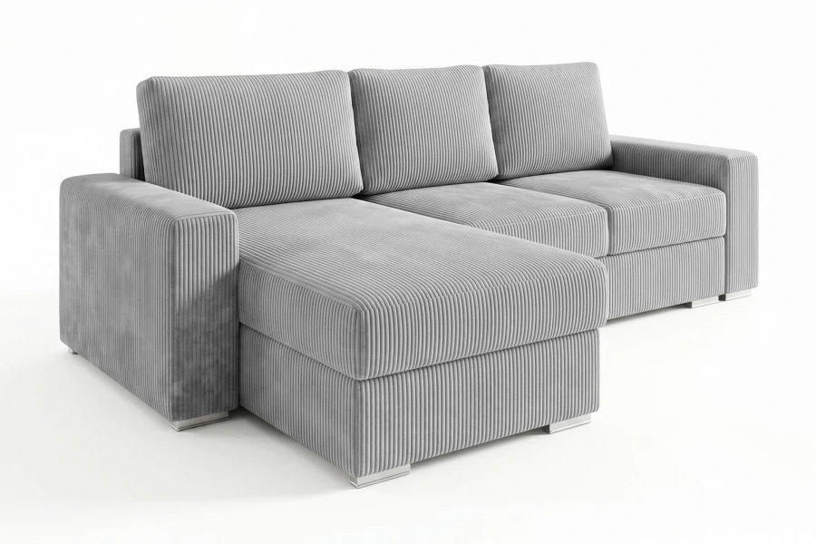 Ecksofa Cord grau L-Form mit Ottomane links vor weißem Hintergrund