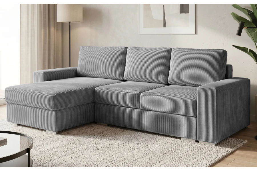 Graues Cordsofa L-Form im modernen Wohnzimmer mit Ottomane links