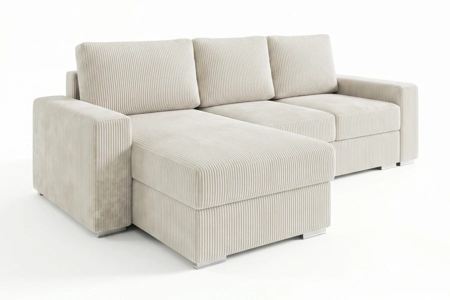 Ecksofa Cord beige L-Form mit Ottomane links auf weißem Hintergrund