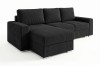 Schwarzes L-Sofa mit Cord-Stoff und Ottomane links auf weißem Hintergrund.