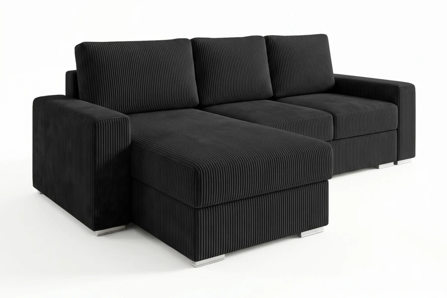Schwarzes L-Sofa mit Cord-Stoff und Ottomane links auf weißem Hintergrund.