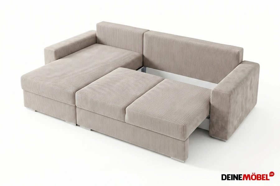 Ausziehbares Schlafsofa aus beigem Cord mit praktischer Gästebett-Funktion.