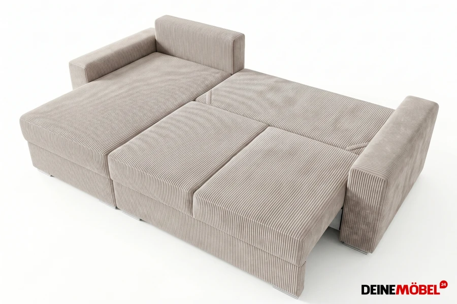 Beiges Cord-Schlafsofa mit ausgeklappter Liegefläche für Gäste.