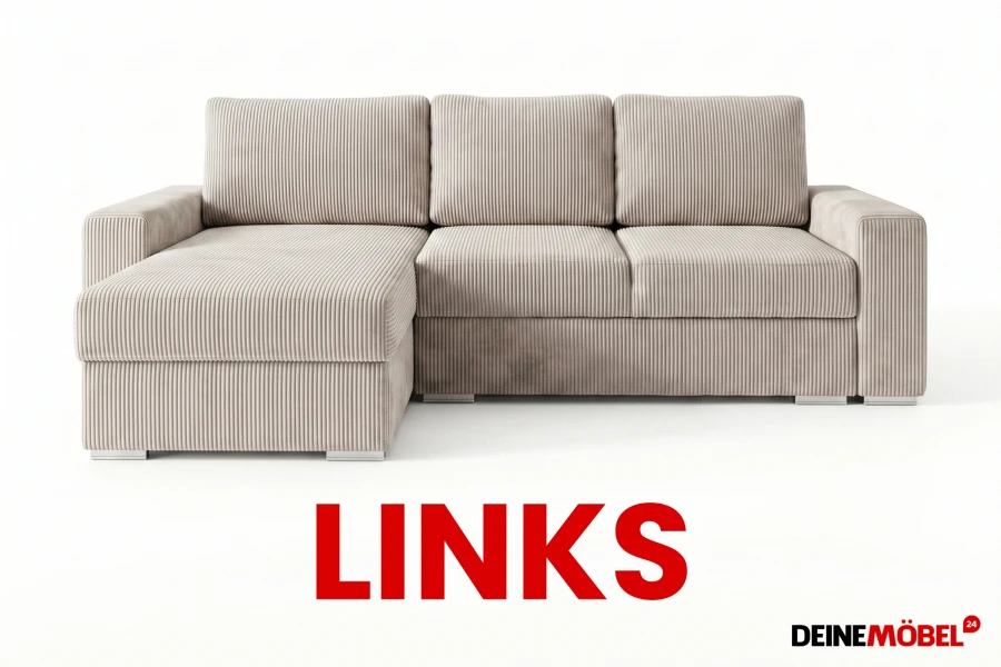 Eckcouch aus Cord in Beige, Ausführung mit Ottomane auf der linken Seite.