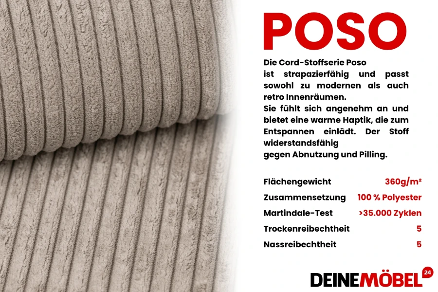Beiger Poso Cord-Stoff: Strapazierfähiger Möbelstoff aus 100% Polyester mit hoher Abriebfestigkeit.
