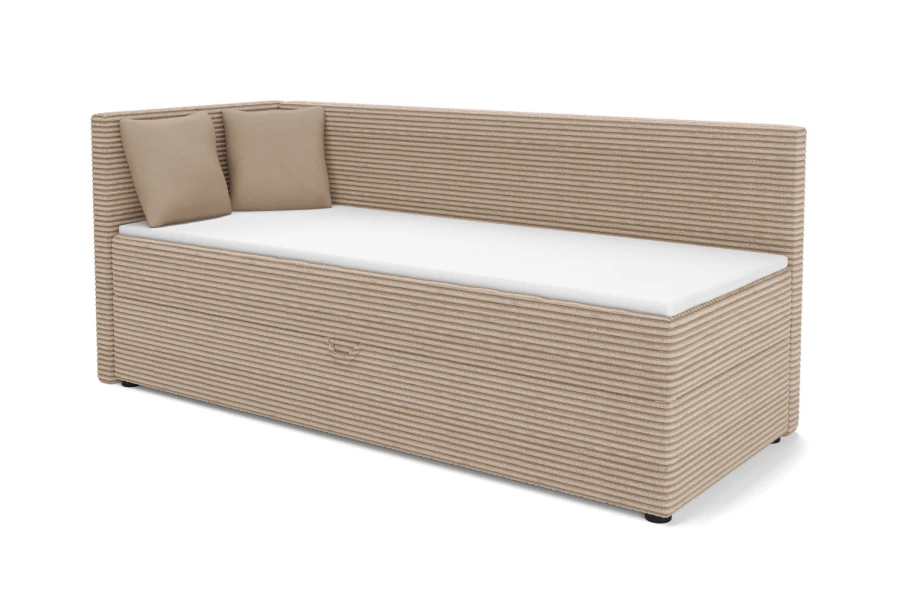 Modernes Cord-Ecksofa in Beige mit Bettkasten-Funktion, Seitenansicht von links.