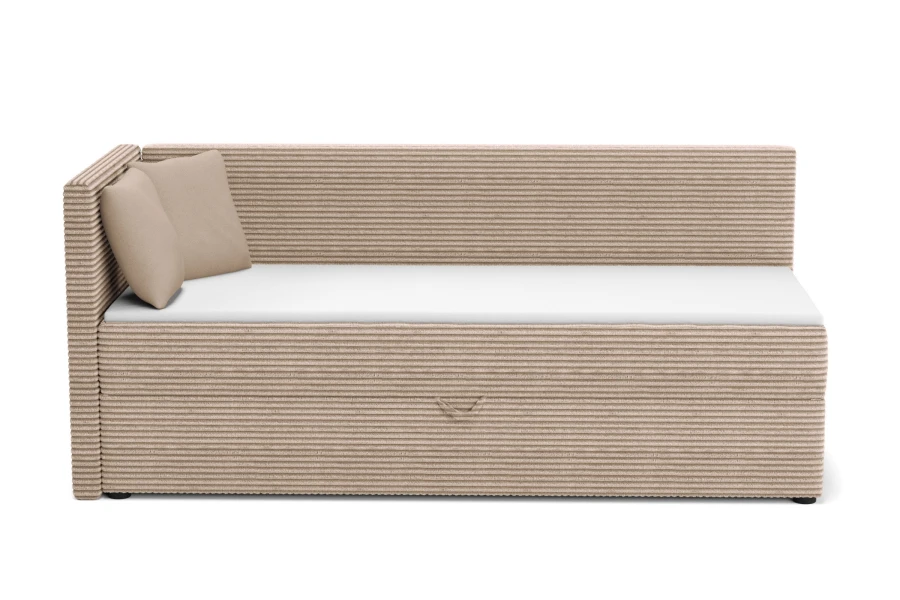 Modernes Kord-Daybed in Beige mit Ecklehne links, isoliert auf weiß.