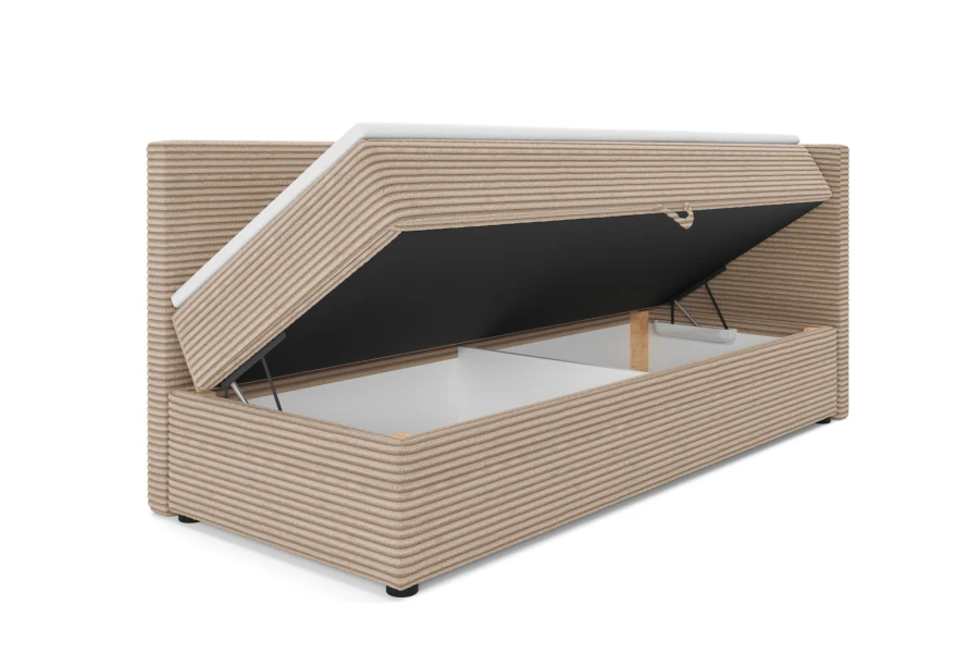 Funktionsbett aus beigem Cord mit geöffnetem Bettkasten für viel Stauraum.