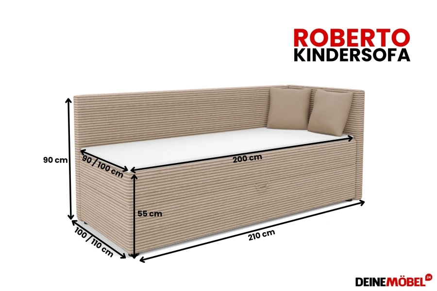 Maßskizze für Roberto Kindersofa in Beige: 210 cm Länge und 100 cm Tiefe, cordbezogenes Bett.