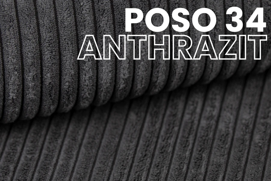 Stoffmuster Poso 34 Anthrazit: Detailansicht des weichen Cord-Bezugs für Polstermöbel.