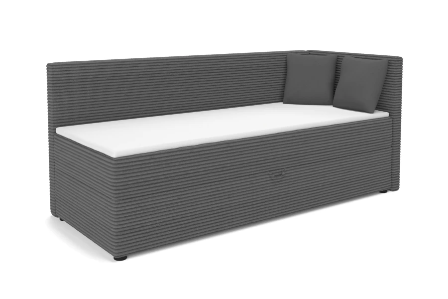 Roberto Kindersofa in Anthrazit aus Cord mit weißer Matratze und Kissen, Ansicht von rechts.