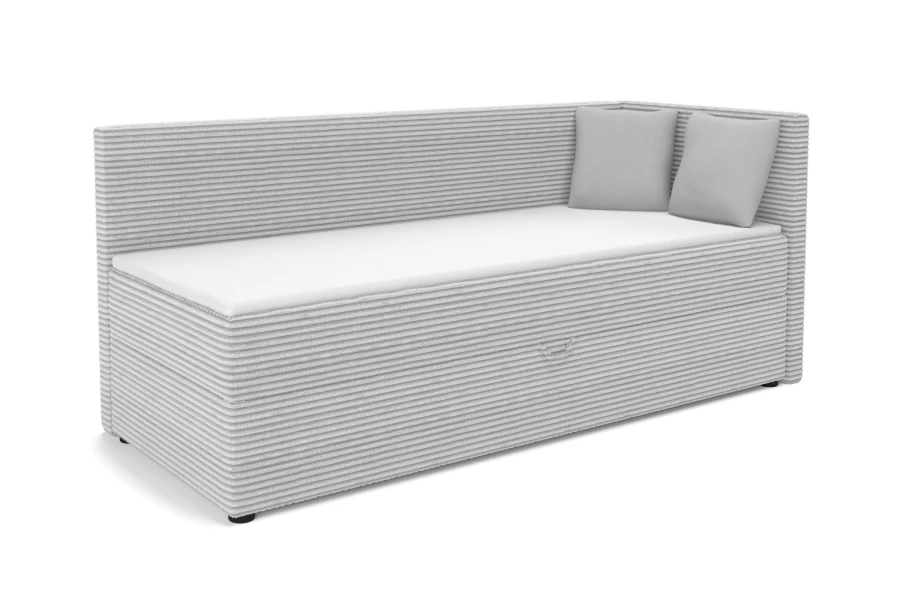 Hellgraues Kindersofa Roberto aus weichem Cord mit zwei Kissen für das Kinderzimmer.