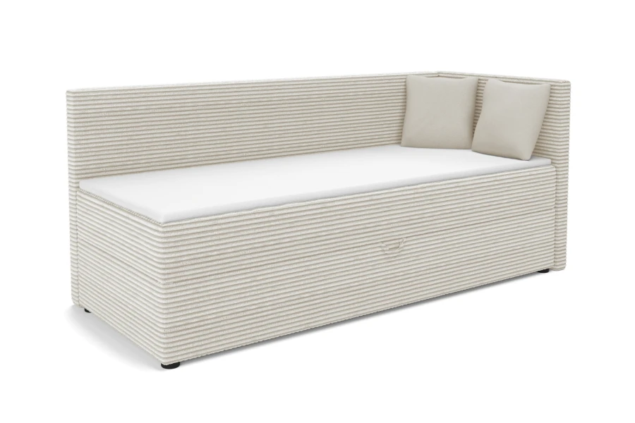 Seitenansicht des Roberto Kindersofas in hellgrauem Cord-Bezug mit Kissen.