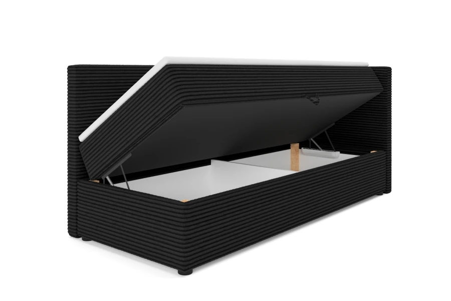 Schwarzes Roberto Kindersofa mit geöffnetem Bettkasten für zusätzlichen Stauraum unter der Matratze.