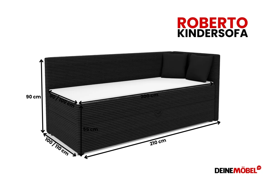 Maße des Roberto Kindersofas: 210cm Länge, 90cm Höhe und bis zu 110cm Tiefe, schwarzer Cord.