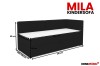 Maßgrafik für das Mila Kindersofa in Schwarz mit detaillierten Abmessungen und Größenangaben.