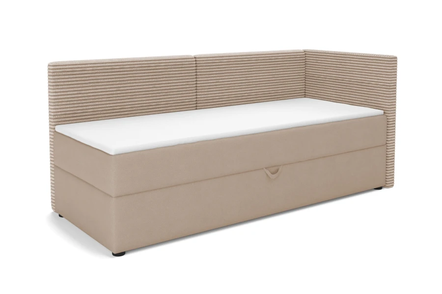 Beiges Boxspring-Schlafsofa mit Cord-Rückenlehne und Bettkasten, Seitenansicht rechts.