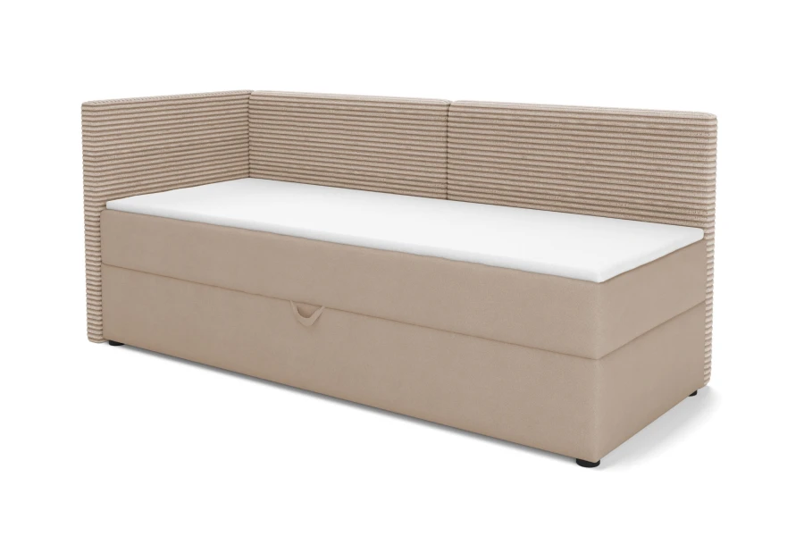 Kompaktes Schlafsofa in Beige mit Cord-Stoff und Bettfunktion, Seitenansicht links.
