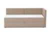 Beiges Boxspringbett mit Cord-Struktur und praktischem Bettkasten vor weißem Hintergrund.