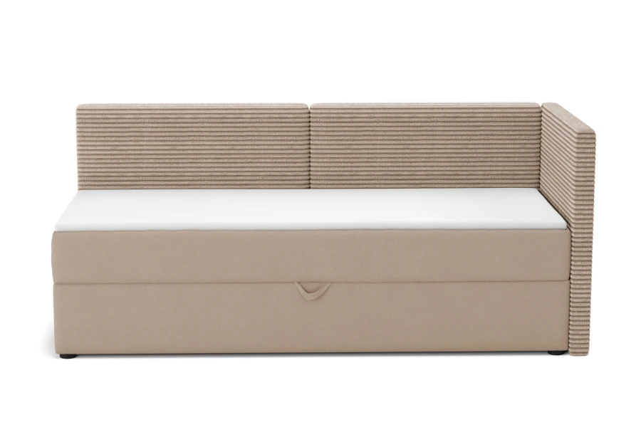 Beiges Boxspringbett mit Cord-Struktur und praktischem Bettkasten vor weißem Hintergrund.