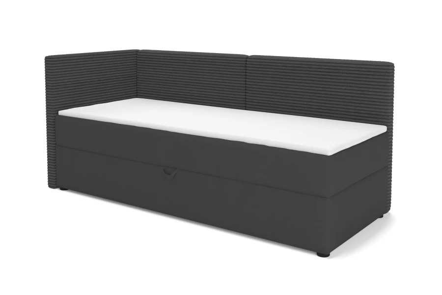 Dunkelgraues Boxspring-Daybed mit Kord-Rückenlehne und Bettkasten, isoliert auf weiß.
