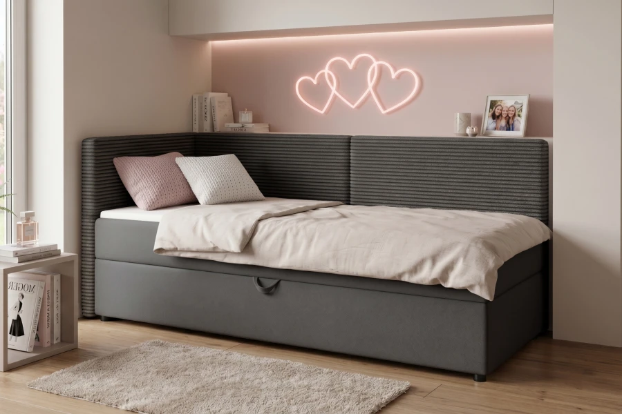 Gemütliches graues Kindersofa in Cord-Optik im modernen Jugendzimmer mit Neon-Deko.
