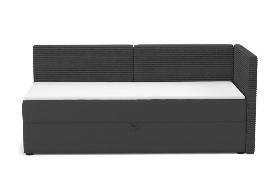 Graues Schlafsofa mit Cord-Rückenlehne und rechtem Seitenteil vor weißem Hintergrund.