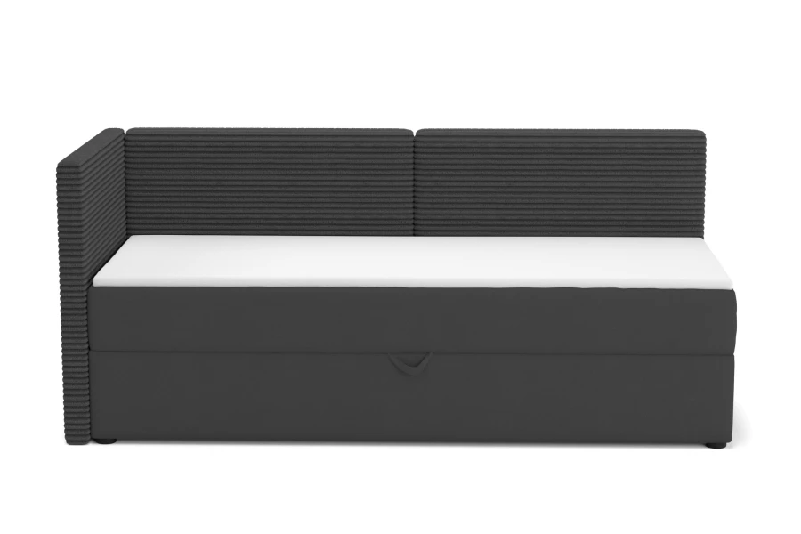 Modernes graues Jugendbett mit Cord-Bezug und linkem Seitenteil, freigestellt.
