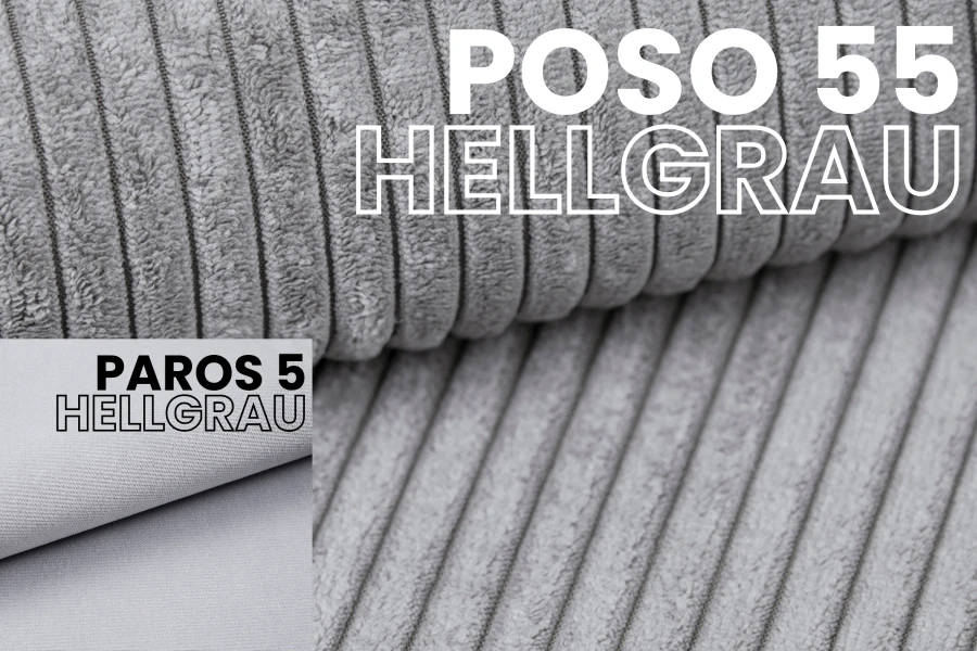 Stoffmuster Poso 55 Cord und Paros 5 Webstoff in Hellgrau für Polstermöbel.