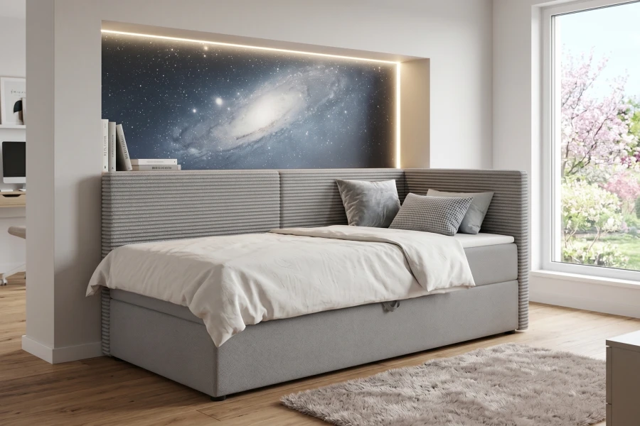 Modernes Jugendbett in Hellgrau mit Cord-Stoff im Zimmer mit Weltraum-Motiv.