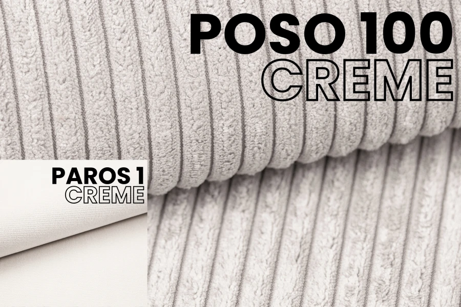 Stoffmuster-Detail: Poso 100 Creme Cord und Paros 1 Creme Textiloberfläche.