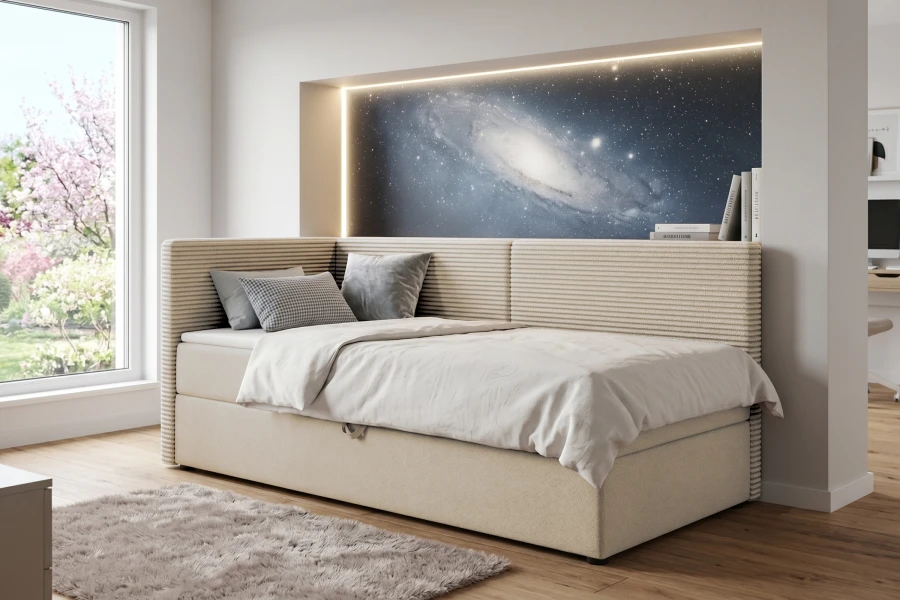 Helles Kinderzimmer mit modernem Polsterbett in Poso Creme Cord-Stoff.