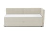 Modernes beiges Boxspringbett mit Cord-Struktur am Kopfteil rechts auf weißem Hintergrund.