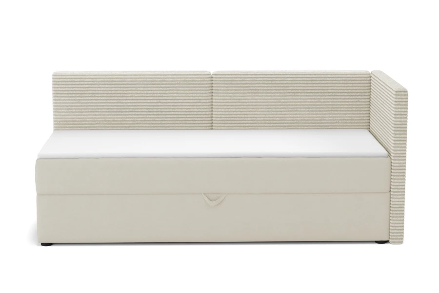 Modernes beiges Boxspringbett mit Cord-Struktur am Kopfteil rechts auf weißem Hintergrund.