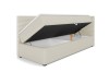 Funktionale Boxspringliege in Beige mit geöffnetem Bettkasten für zusätzlichen Stauraum.