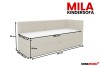 Abmessungen des Mila Kindersofas in Beige mit detaillierten Maßangaben.