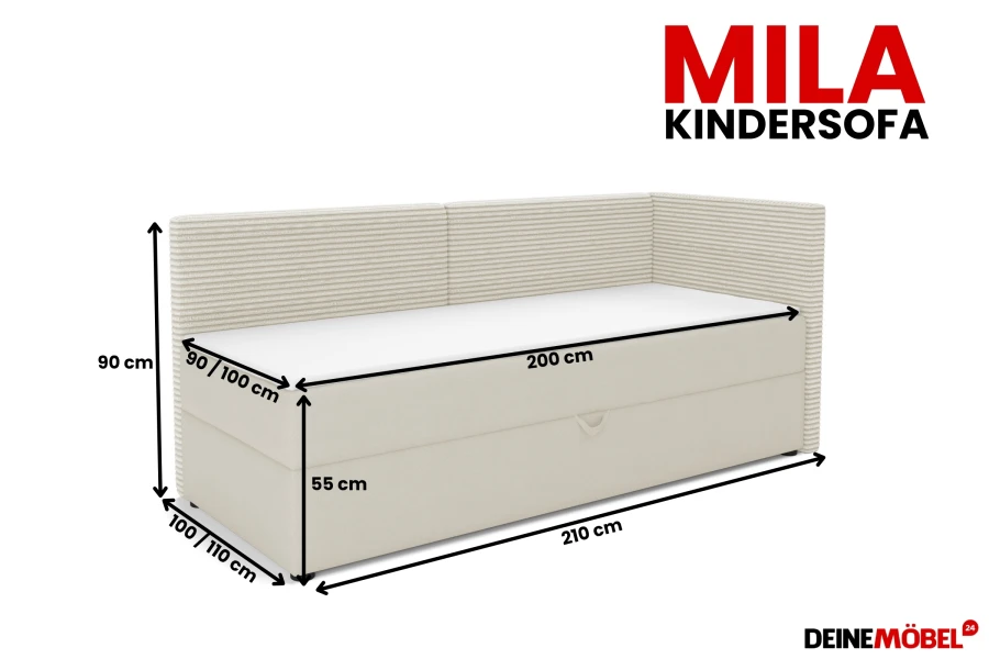 Abmessungen des Mila Kindersofas in Beige mit detaillierten Maßangaben.