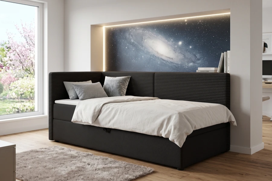 Schwarzes Eck-Boxspringbett mit Cord-Bezug in modernem Kinderzimmer-Ambiente.