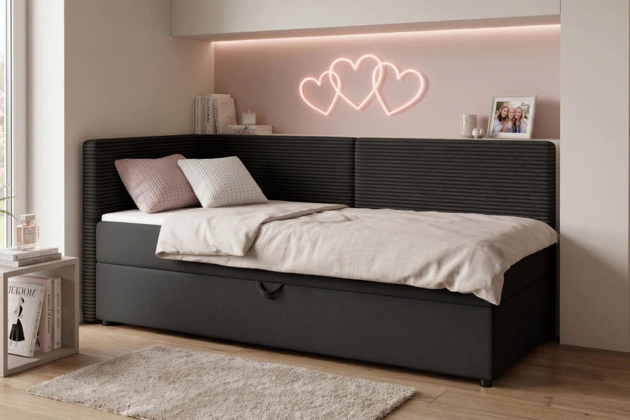 Eck-Boxspringbett in Anthrazit mit Cord-Struktur für ein gemütliches Jugendzimmer.