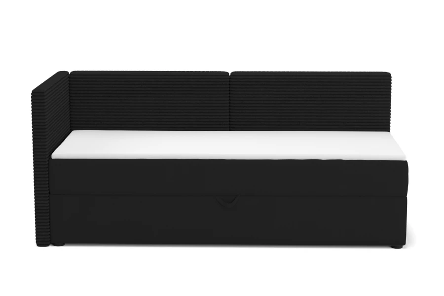 Schwarzes Einzelbett mit Cord-Kopfteil und weißer Matratze